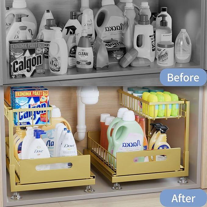 Under Sink Organizer Storage 2-Tier Premium Metal Pull-Out Racks, Height Adjustable, Heavy Dut and Easy Installation for Kitchen & Bathroom Organizers 2 Pack - ModernBath
