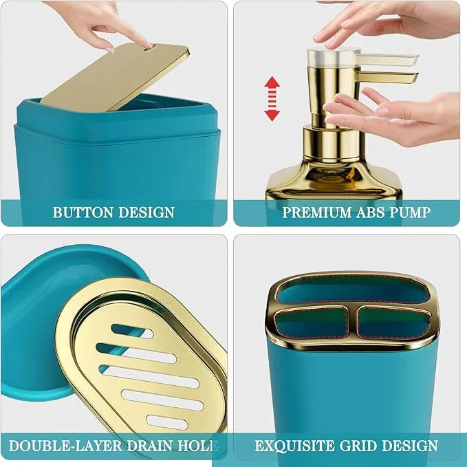XLHOMO Bathroom Accessories Set - 25PC Bathroom Set with Shower Curtain and Rugs, Teal Blue Bathroom Set, Bathroom Accessory Set with Press-on Lid Trash Can, Soap Dispenser and Qtip Holders - ModernBath