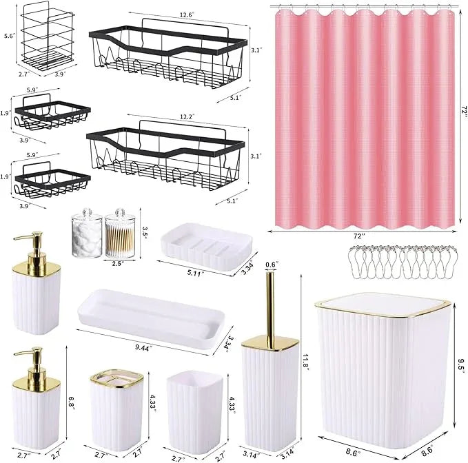 XLHOMO Bathroom Accessories Set - Gorgeous Bathroom Set, 28PC White Bathroom Accessory Set, Shower Curtain with 5PC Adhesive Corner Shower Caddy Hanging, Toilet Brush, Trash Can & Soap Dispenser - ModernBath