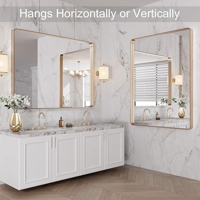 LOAAO 40”X30” Gold Bathroom Mirror, Rounded Rectangle Gold Frame Mirror, Brushed Gold Bathroom Vanity Mirror Wall-Mounted, Anti-Rust, Tempered Glass, Hangs Horizontally or Vertically - ModernBath