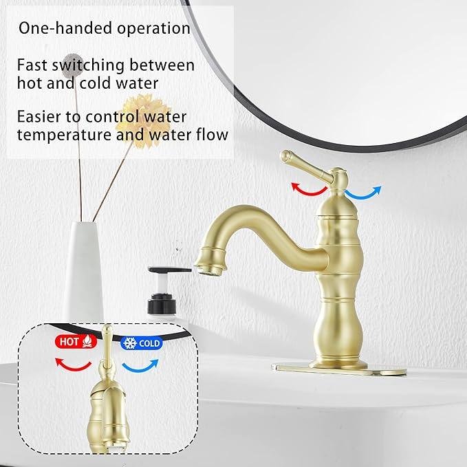 Bathroom Faucet Brushed Gold GGStudy 360° Swivel Bathroom Vanity Faucet Single Handle One Hole Bathroom Sink Faucet Basin Matching Pop Up Drain with Overflow - ModernBath