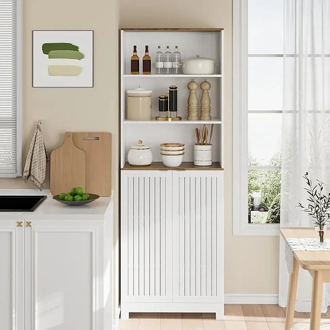 Bathroom Storage Cabinet - 66.8" Freestanding Tall Cabinet with Slatted Doors and Open Shelves, Adjustable Shelves, White Bathroom Organizer for Small Spaces, Bathroom Linen Tower with Closed Storage - ModernBath