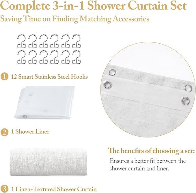 3-in-1 Fabric Shower Curtain Set,Double Waterproof Linen-Texture Shower Curtain with PEVA Liner that Fully Prevents Splashes,Soft Shower Curtain with 12 Anti-Fall Stainless Steel Hooks,72"x72" (White) - ModernBath