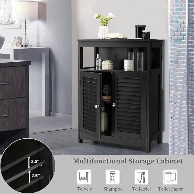 LDAILY Bathroom Storage Cabinet, Freestanding Organizer With Double Shutter Doors, Adjustable Shelf, Wooden Floor Cabinet for Kitchen, Entryway (Black) - ModernBath