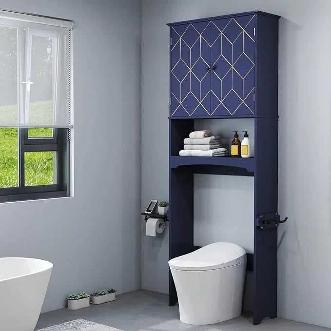 HLR Over The Toilet Storage Cabinet with Gold Trim, Over Toilet Bathroom Organizer with Adjustable Shelves and Toilet Paper Holder, Above Toilet Storage Cabinet Spacesaver for Bathroom (Blue) - ModernBath