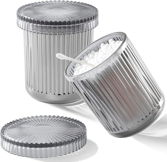 rejomiik Glass Qtip Holder Dispenser 2 Pack, Bathroom Canister Apothecary Jars with Lids, Vanity Makeup Accessories Storage Organizer for Cotton Swabs, Cotton Balls, Pads, Floss Picks, Gray - ModernBath