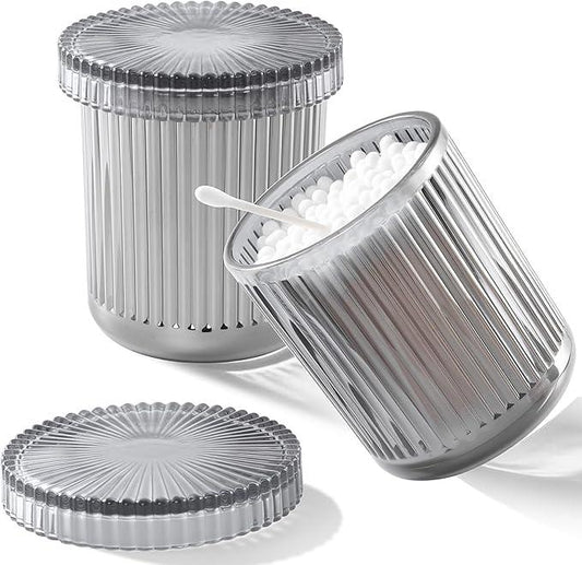 rejomiik Glass Qtip Holder Dispenser 2 Pack, Bathroom Canister Apothecary Jars with Lids, Vanity Makeup Accessories Storage Organizer for Cotton Swabs, Cotton Balls, Pads, Floss Picks, Gray - ModernBath