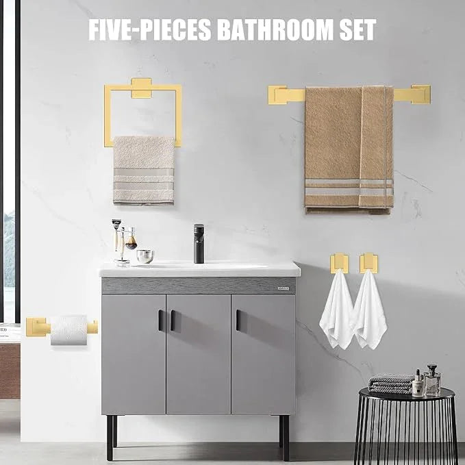 5 Piece Gold Towel Bar Set Bathroom Hardware Set Gold Bathroom Accessories Set with 2 Towel Hook, Stainless Steel Wall Mounted Bathroom Towel Rack Set Square 16-Inch - ModernBath