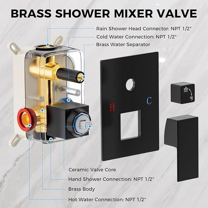 10" Matte Black Rainfall Shower Faucet Set with Rain Shower Head & Handle Set, Wall-Mounted Shower System, Full Metal Trim, Includes Shower Valve Complete Shower Kit - ModernBath