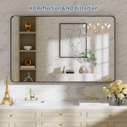 WEER 48X30 Inch Black Metal Framed Bathroom Mirror, Matte Black Bathroom Vanity Mirror, Rectangular Black Wall Mirror for Bathroom, Tempered Glass, Rounded Corner, Hangs Horizontal or Vertical - ModernBath