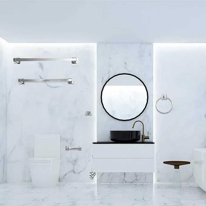 SENTO Cellar Classic Bathroom Accessories Set, Heavy Duty Metal Bath Hardware Set Wall Mounted, Includes Robe Hook, Toilet Paper Holder, Towel Ring, 18” & 24” Towel Bar (5-Piece, Polished Chrome) - ModernBath