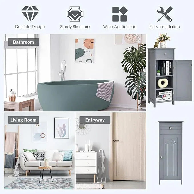 HAPPYGRILL Bathroom Floor Cabinet, Single Door Floor Storage Cabinet Organizer with Drawer and 3-Level Adjustable Shelves, Bathroom Cabinets Freestanding with Anti-Tipping Device for Living Room - ModernBath