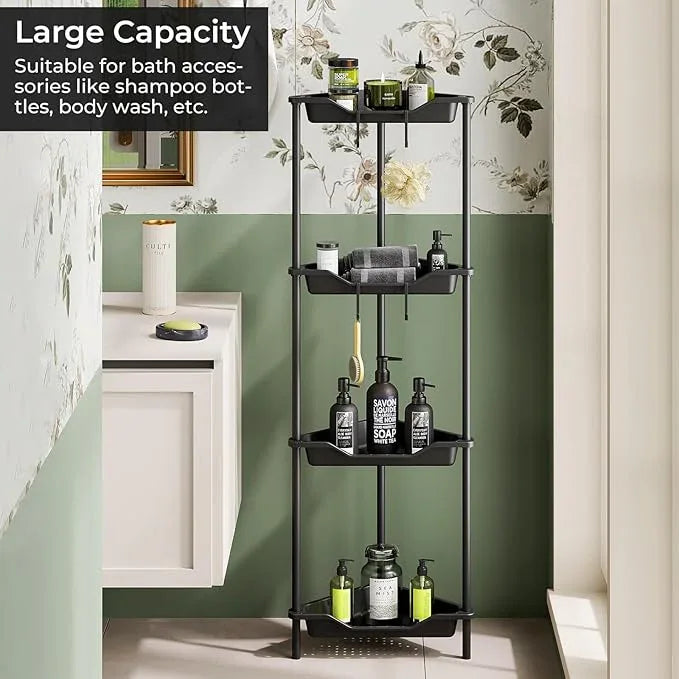 ODesign 4 Tier Corner Shower Caddy,Corner Shelf Stand for Living Room Bedroom Bathroom,Shower Table,Plastic Metal Splicing Ground Cabinet Storage Rack,Standing Shower Organizer Black - Rustproof - ModernBath