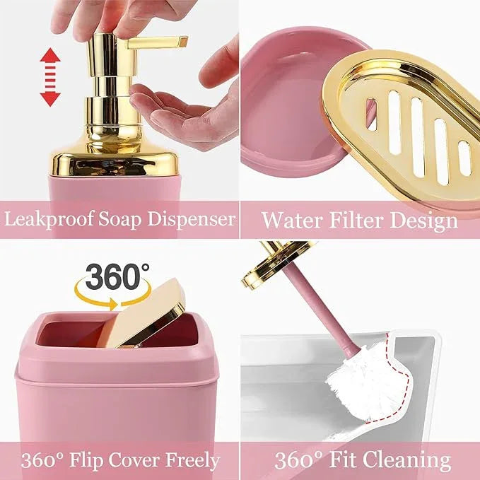 XLHOMO Bathroom Set - Pink and Gold Bathroom Accessories Set, Bathroom Sets with Shower Curtain and Rugs, Pink Shower Curtain Set with Bathroom Trash Can, Soap Dispenser, Soap Dish for Home Decor - ModernBath