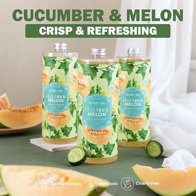 ROMIIE ZOI Natural Cucumber&Melon Foaming Hand Soap Refills 3-Pack (33.8 Fl Oz Each) with Dispenser - Plant-Based, Non-Toxic, Large Volume for Kitchen, Bathroom - Great Value Gift Set for Housewarming - ModernBath