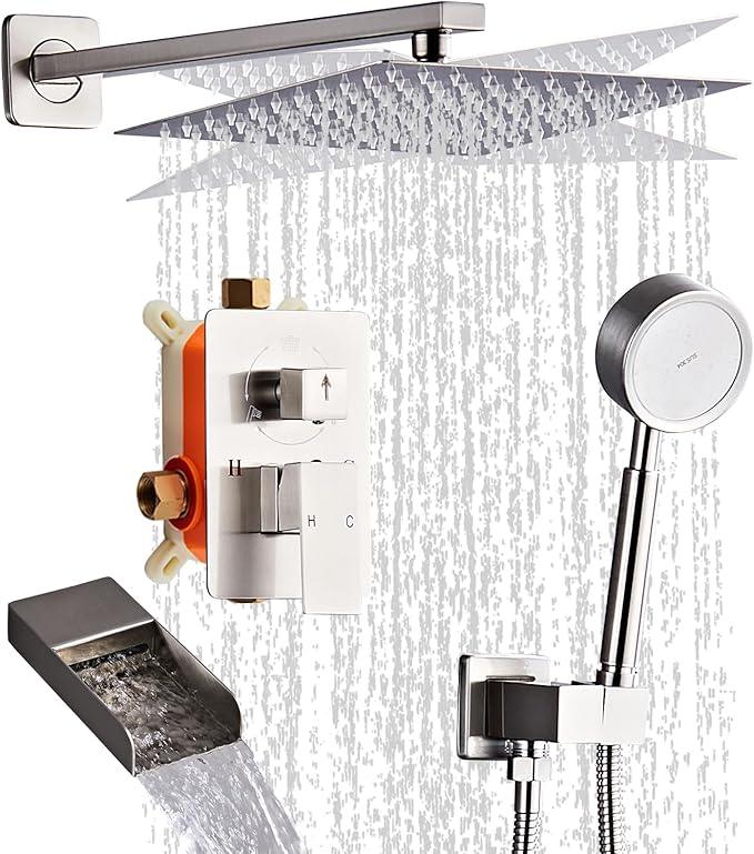 RTTWYYUU Brushed Nickel Shower Tub Faucet Set, Wall Mounted 8 Inch Shower Heads with Handheld Spray Combo and Tub Shower Faucet, Luxury Bathroom Square Rain Shower System - 4 Hooks - ModernBath