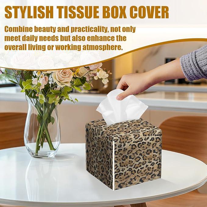 Brown Leopard Tissue Box Cover 2PCS, Leather Tissue Box Holder Square Facial Paper Case Tissue Box Cube Organizer for Bathroom Bedroom Desk Office - ModernBath