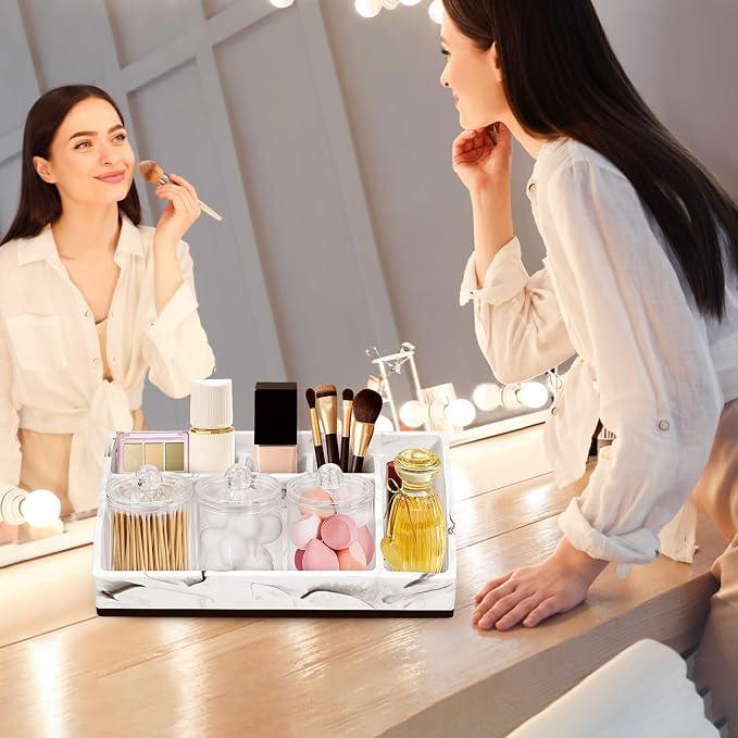 MSBRCH Bathroom Organizer Countertop, White Marble Toothbrush Holders for Bathrooms with 3PCS Qtip Holder Dispenser, Toothbrush and Toothpaste Holder for Bathroom Counter Organization Storage Vanity - ModernBath