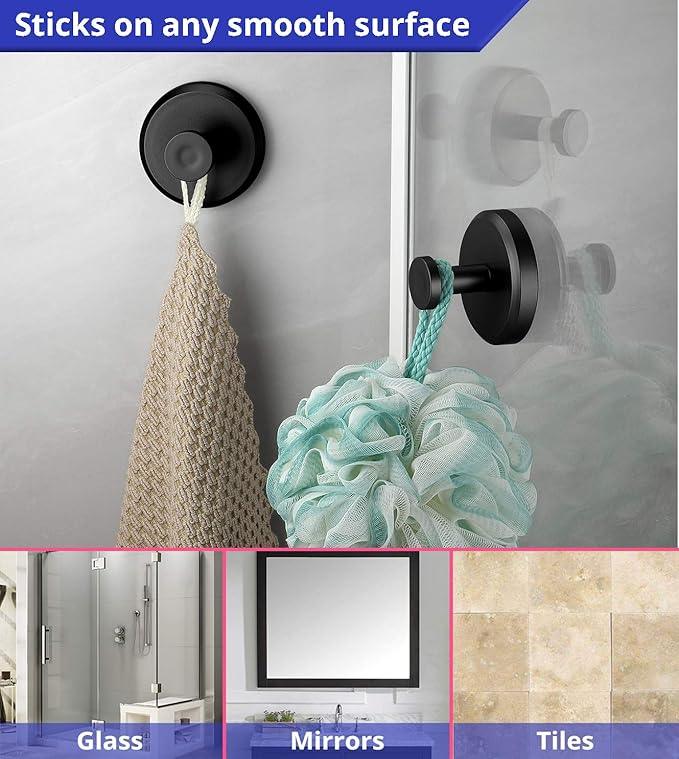 HOME SO Suction Cup Hooks for Shower, Bathroom, Kitchen, Glass Door, Mirror, Tile – Loofah, Towel, Coat, Bath Robe Hook Holder for Hanging up to 15 lbs – Waterproof & Rustproof, Matte Black (4-Pack) | for Shower, Bathroom, Kitchen, Glass Door, Mirror, ... - ModernBath