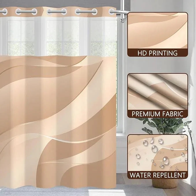 NAEMBCU No Hook Geometric Shower Curtain with Snap-in Liner, Beige Gold Curves Texture Bath Curtain with See Through Top, Waterproof Double Layer for Bathroom Decor, 71 x 74 Inch - ModernBath