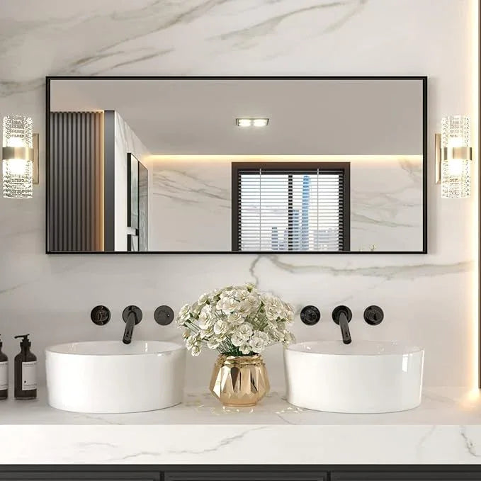LOAAO 60"X28" Black Rectangle Bathroom Mirror Wall, Matte Black Aluminum Alloy Frame, Tempered Glass, Hangs Vertically or Horizontally, Easy to Install - ModernBath
