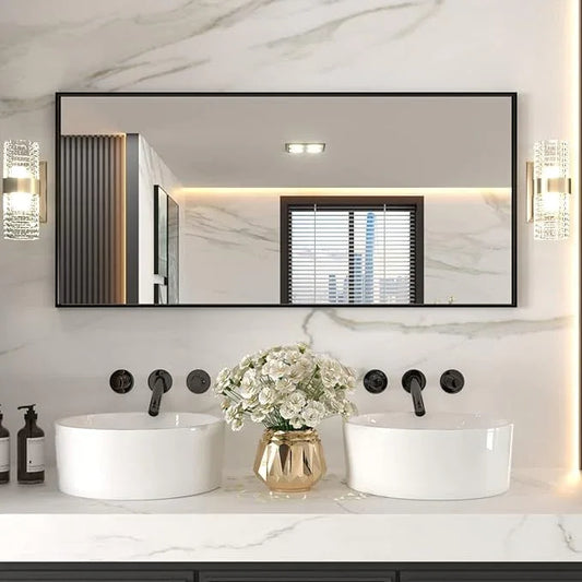 LOAAO 60"X28" Black Rectangle Bathroom Mirror Wall, Matte Black Aluminum Alloy Frame, Tempered Glass, Hangs Vertically or Horizontally, Easy to Install - ModernBath