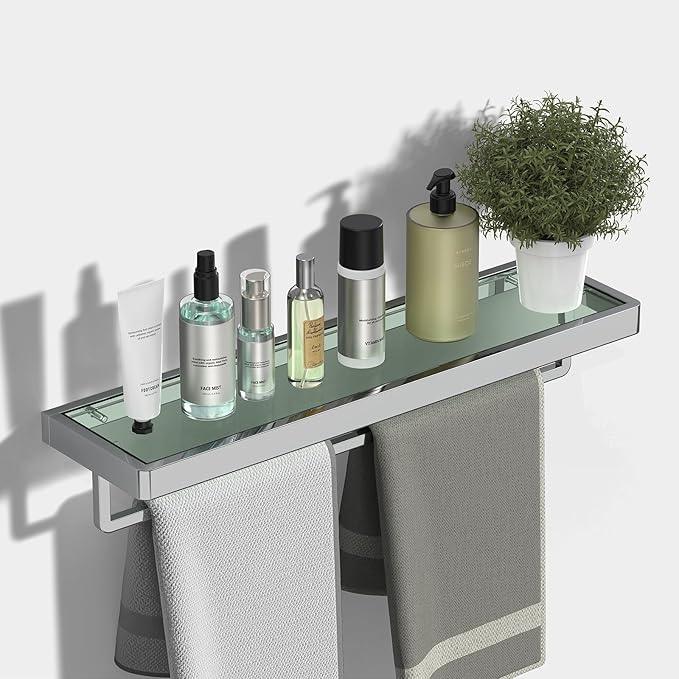 Bathroom Shelves Glass Bathroom Shelf with Towel Bar, Floating Shelves for Living Room/Study Room Tempered Glass Rectangular 1 Tier Organizer Wall Shelf (Chrome Polished, 20'') - ModernBath