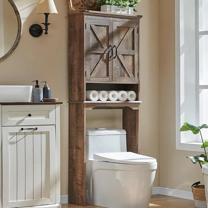 ACCOHOHO Over The Toilet Storage Cabinet, Farmhouse Bathroom Cabinet with Adjustable Shelf & Barn Door, 67" Tall Over The Toilet Shelf, Rustic Brown - ModernBath