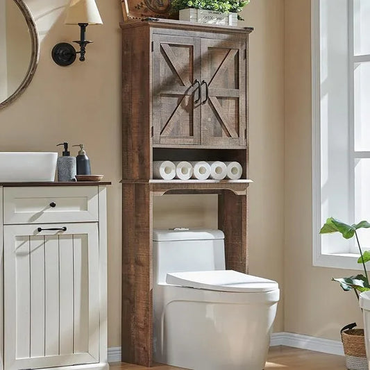 ACCOHOHO Over The Toilet Storage Cabinet, Farmhouse Bathroom Cabinet with Adjustable Shelf & Barn Door, 67" Tall Over The Toilet Shelf, Rustic Brown - ModernBath
