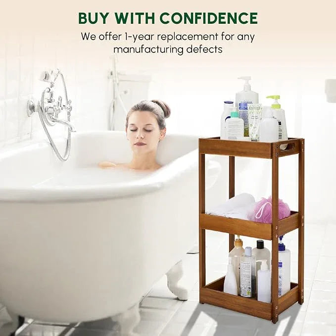 BEEFURNI Acacia Wood Shower Caddy, 3 Tier Shower Organizer, Sturdy Corner Shower Caddy, Wooden Bathroom Shelves Freestanding, Bathroom Standing Shelf (3T) - ModernBath