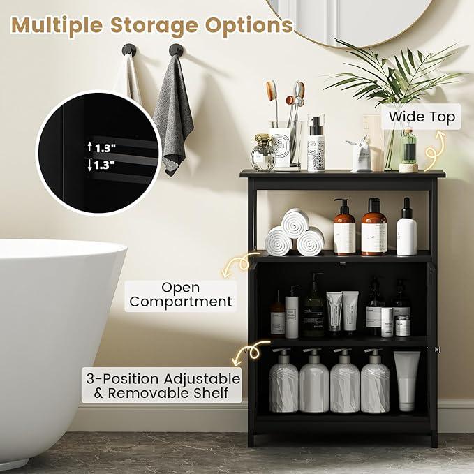 GOFLAME Bathroom Cabinet, Floor Storage Organizer with 2 Doors, 2 Open Shelves, 3-Level Adjustable Shelf, Modern Storage Unit for Laundry Room, Entryway, Living Room, Black - ModernBath