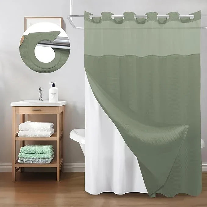 Inhousolu Stall No Hook Shower Curtain with Snap in Fabric Liner Set Waffle Weave 230GSM Weighted Hem, Waterproof & Washable Bathroom Curtain Spa Luxury with Mesh Top Window 36" W x 72" L Sage Green - ModernBath