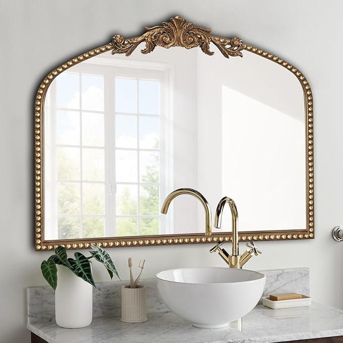 BAODANFU Baroque Arch Mirror for Living Room Wall, 36" X 30" Antique Gold Traditional Cathedral Ornate Beaded Arched Frame Decorative Vanity Mirrors for Mantel Fireplace, Bathroom, Bedroom Decor - ModernBath