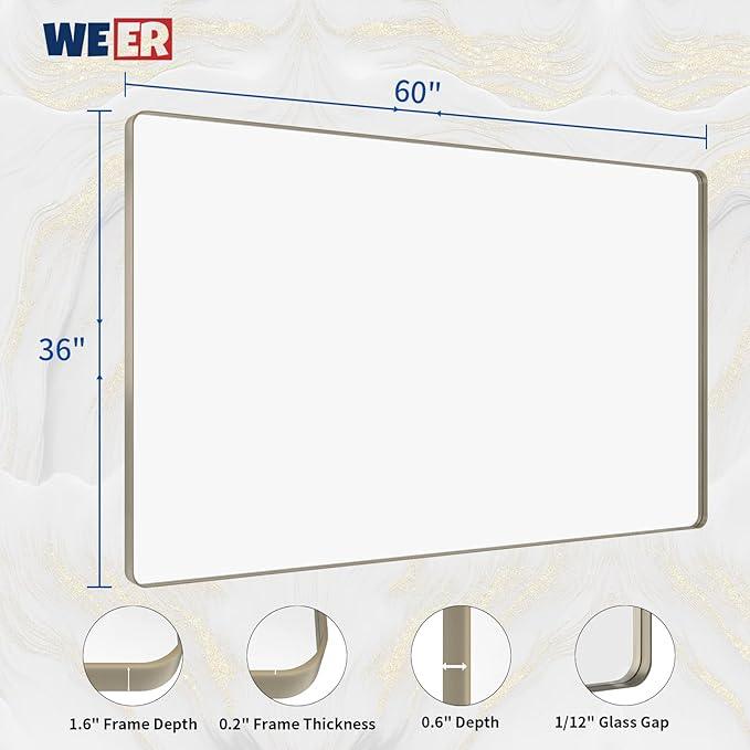 WEER 60X36 Inch Brushed Nickel Bathroom Mirror, Brushed Silver Metal Frame Mirror, Rounded Rectangle Silver Bathroom Vanity Mirror, Tempered Glass, Anti-Rust, Hangs Horizontally or Vertically - ModernBath