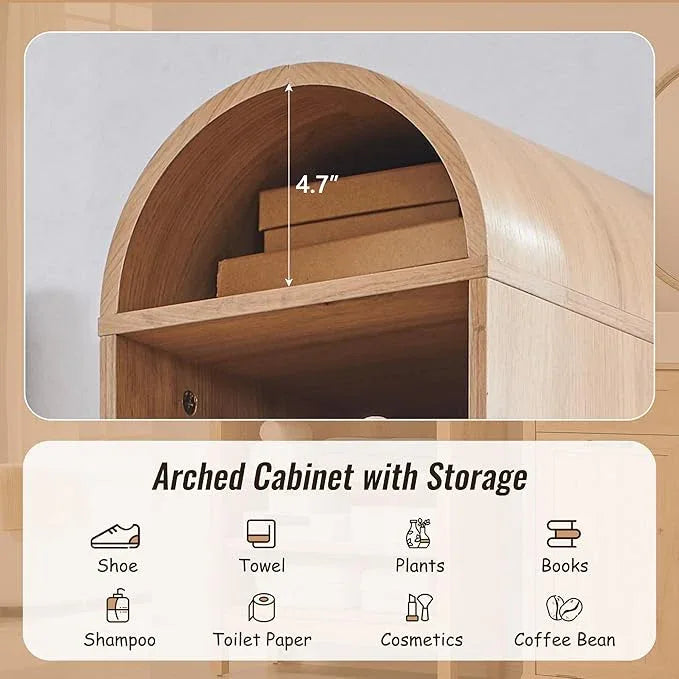 67" Tall Arched Bathroom Storage Cabinet, 8-Tier Modern Farmhouse Storage Cabinet with Adjustable Shelves, Wood Freestanding Cabinet for Bathroom, Living Room, Entryway, Hallway (Natural) - ModernBath