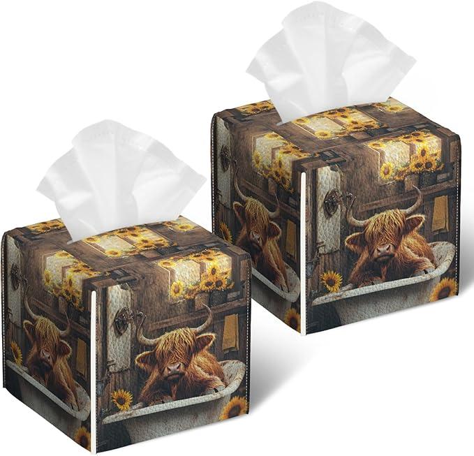 Highland Cow Sunflower Tissue Box Cover 2PCS, Leather Tissue Box Holder Square Facial Paper Case Tissue Box Cube Organizer for Bathroom Bedroom Desk Office - ModernBath
