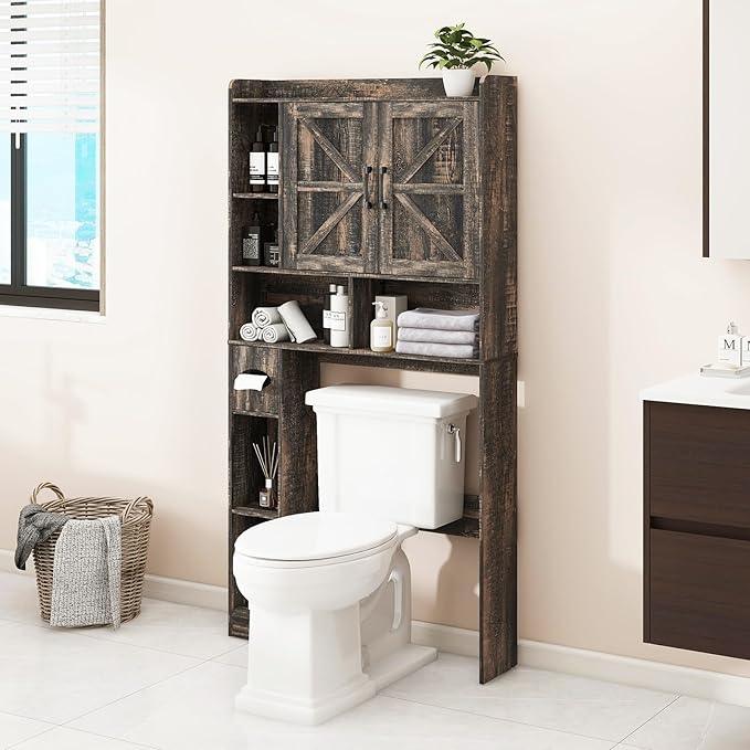 Over The Toilet Storage Cabinet, Farmhouse Storage Cabinet Over Toilet with 2 Barn Doors & Toilet Paper Holder Stand，Home Space-Saving Toilet Rack, for Bathroom, Restroom, Laundry - ModernBath