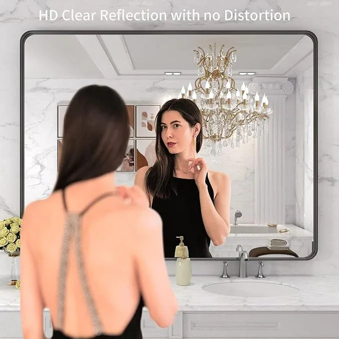 LOAAO 48x36 Inch Black Metal Framed Bathroom Mirror for Wall, Matte Black Bathroom Vanity Mirror Farmhouse, Large Rounded Rectangle Mirror, Anti-Rust, Tempered Glass, Hangs Horizontally or Vertically - ModernBath