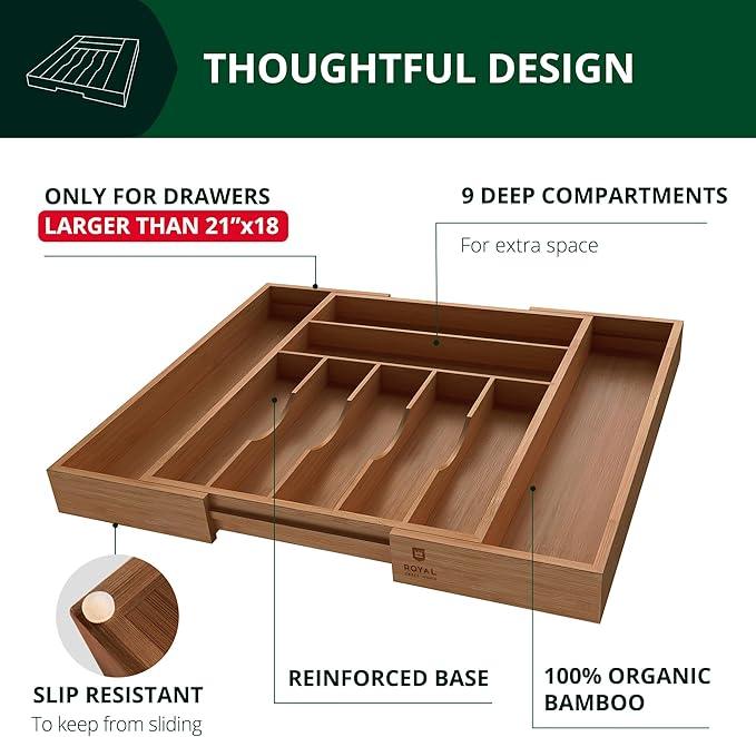 ROYAL CRAFT WOOD Luxury Bamboo Kitchen Drawer Organizer - Silverware Organizer - Utensil Holder and Cutlery Tray with Grooved Drawer Dividers for Flatware and Kitchen Utensils (9 Slot, Brown Bamboo) - ModernBath