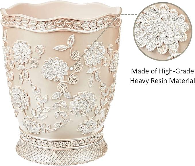 Zahari Home 2pc Rose Vine Bathroom Set Waste Basket & Tissue Cover Modern Classic Decor Stylish Unique Design Beautiful Beige Bathroom Accessories Set - ModernBath