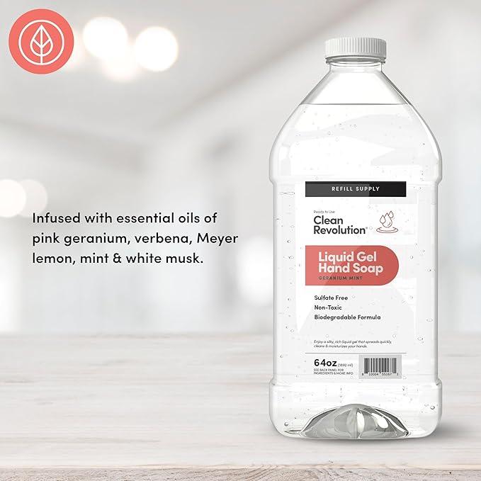 Clean Revolution Liquid Gel Hand Soap, Silky Rich Liquid, Quick Lather, Fast Rinsing, Contains Real Essential Oils (Geranium Mint) 64 Fl Oz - ModernBath