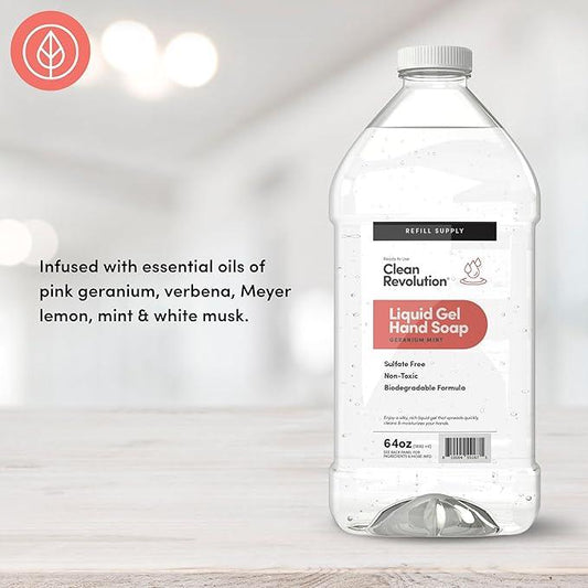 Clean Revolution Liquid Gel Hand Soap, Silky Rich Liquid, Quick Lather, Fast Rinsing, Contains Real Essential Oils (Geranium Mint) 64 Fl Oz - ModernBath