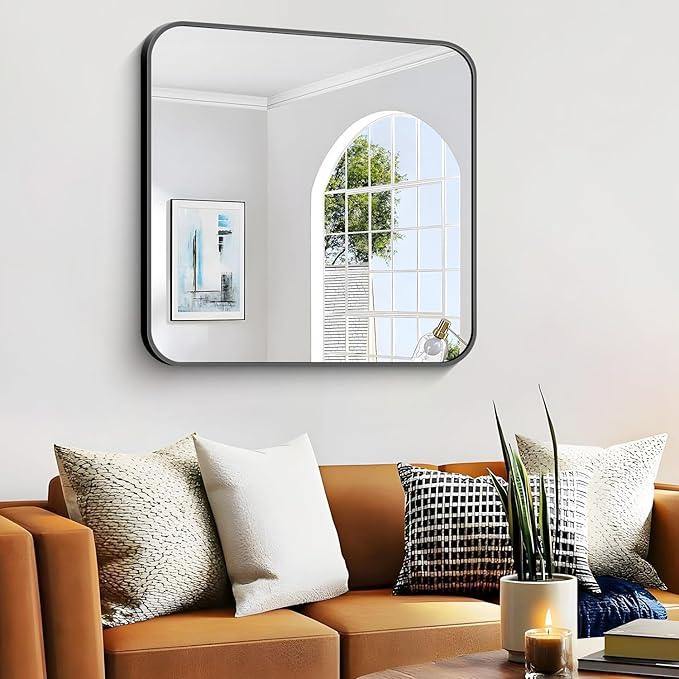 CIVENO Bathroom Mirror, 40 x 36 inch Black Rectangle Wall Mirror, Metal Frame Rectangular Vanity Mirror, Rounded Corner Wall Mounted Mirror for Modern Bedroom Living Room Hangs Horizontal/Vertical - ModernBath