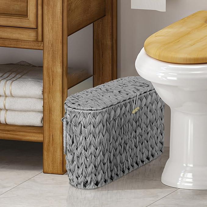 Toilet Paper Storage Basket with Lid,Wicker Toilet Paper Holder Stand,Narrow Decorative Woven Bathroom Basket Organizer,Free Standing Grey - ModernBath