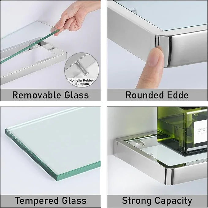 20IN Bathroom Shelves/Shelf Glass Wall Mount Floating Shelves for Bathroom Tempered Glass Rectangular 1 Tier Organizer Wall Shelf (Chrome Polished, 20'') - ModernBath
