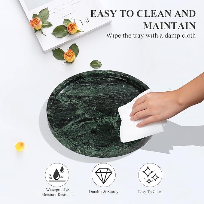 Real Natural Round Marble Tray for Bathroom, Genuine Marble Stone Vanity Tray, Luxury Storage Trays for Kitchen, Vanity, Home Decor, Dresser, Non-Resin/Non-Ceramic, 10"x 1", Green - ModernBath