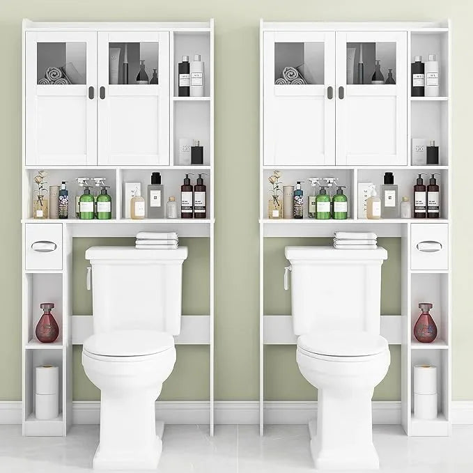 Vabches Over The Toilet Storage Cabinet, Bathroom Shelf Over Toilet with Glass Doors and Adjustable Shelves, White Freestanding Home Space Save Toilet Rack for Restroom, Bathroom, Laundry - ModernBath