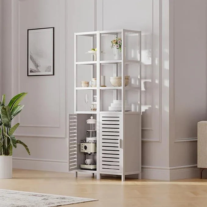 HITNET Bathroom Tall Cabinet, Floor Standing Bamboo Storage Cabinet with 6 Shelves and Shutter Door for Kitchen Living Room, White - ModernBath