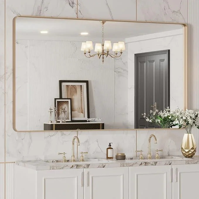 LOAAO 50”X30” Gold Bathroom Mirror, Rounded Rectangle Gold Frame Mirror, Brushed Gold Bathroom Vanity Mirror Wall-Mounted, Anti-Rust, Tempered Glass, Hangs Horizontally or Vertically - ModernBath