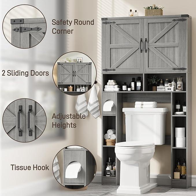 Vabches Over The Toilet Storage Cabinet, Farmhouse Storage Cabinet Over Toilet with 2 Barn Doors ，Toilet Paper Holder Stand，Home Space-Saving Toilet Rack, for Laundry, Restroom, Bathroom.Grey. - ModernBath